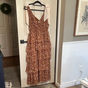 Tiered Rust Floral Maxi Dress with Tie Shoulder Straps